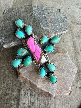 Turquoise and Cotton Candy Stone Cross Ring